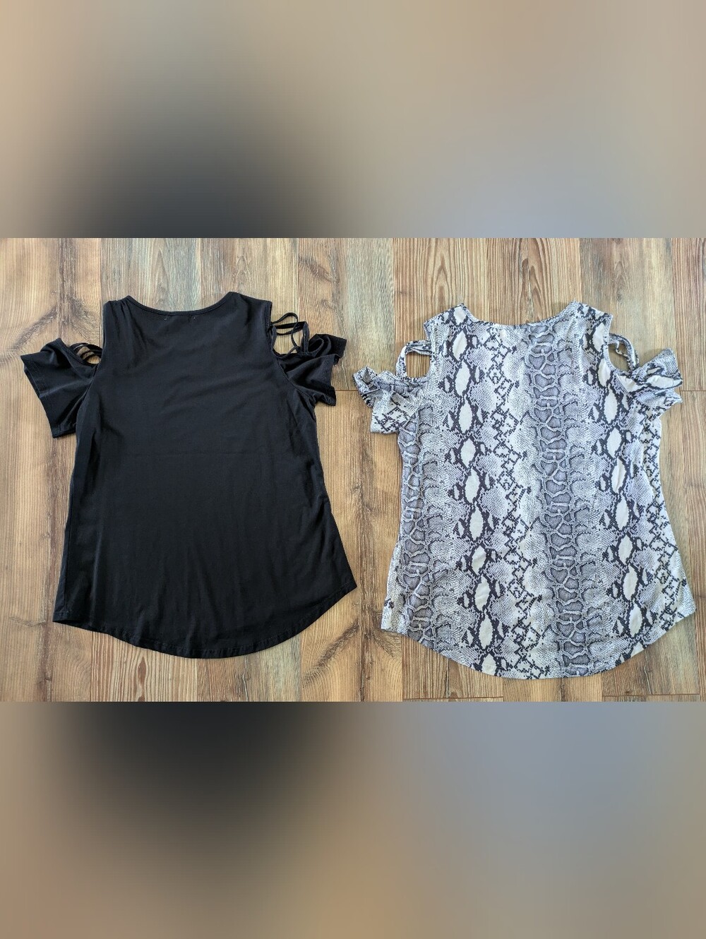ADREAMLY Bundle of 2 Cold Shoulder Short Sleeve Tops Snake Print & Black Large - Picture 4 of 10